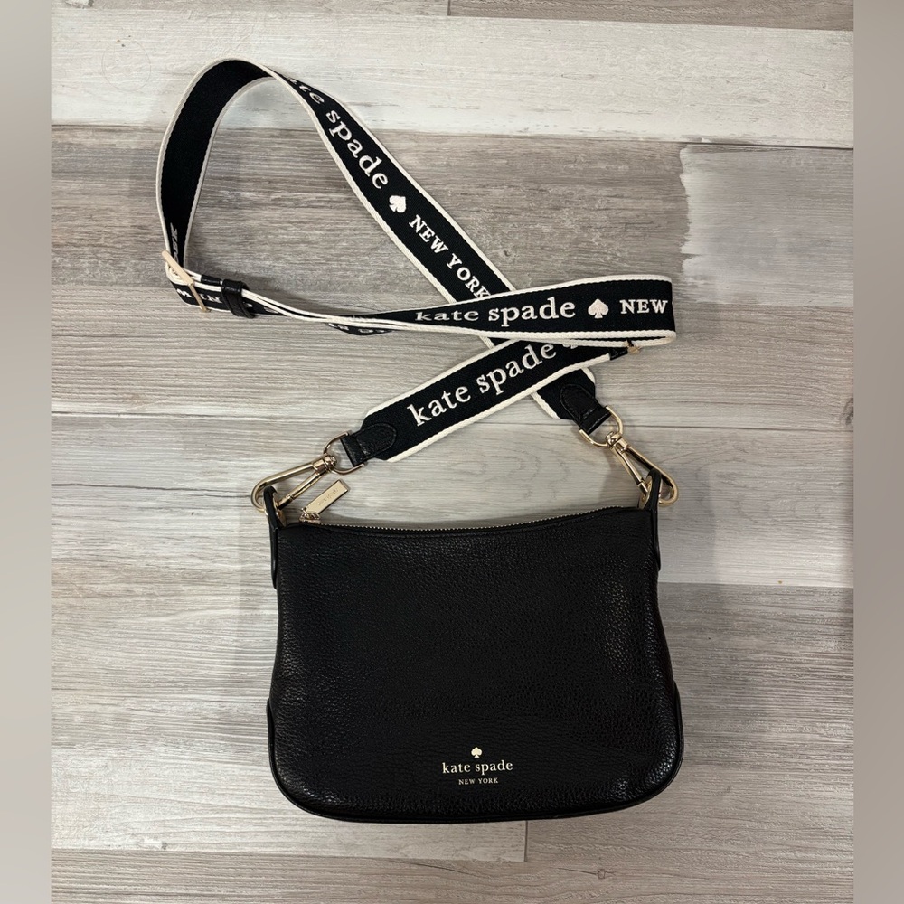 Kate Spade Small Black Leather Crossbody Bag with Logo Strap